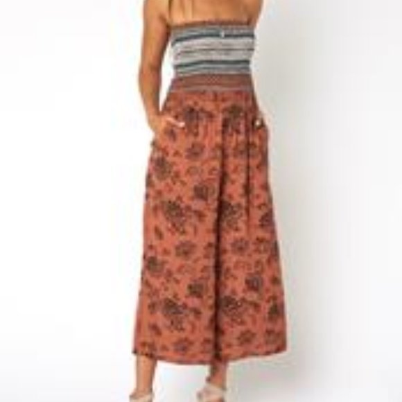 Hem & Thread Pants - HEM & THREAD Strapless Smocked Cropped Wide Leg Culotte Jumpsuit Size small